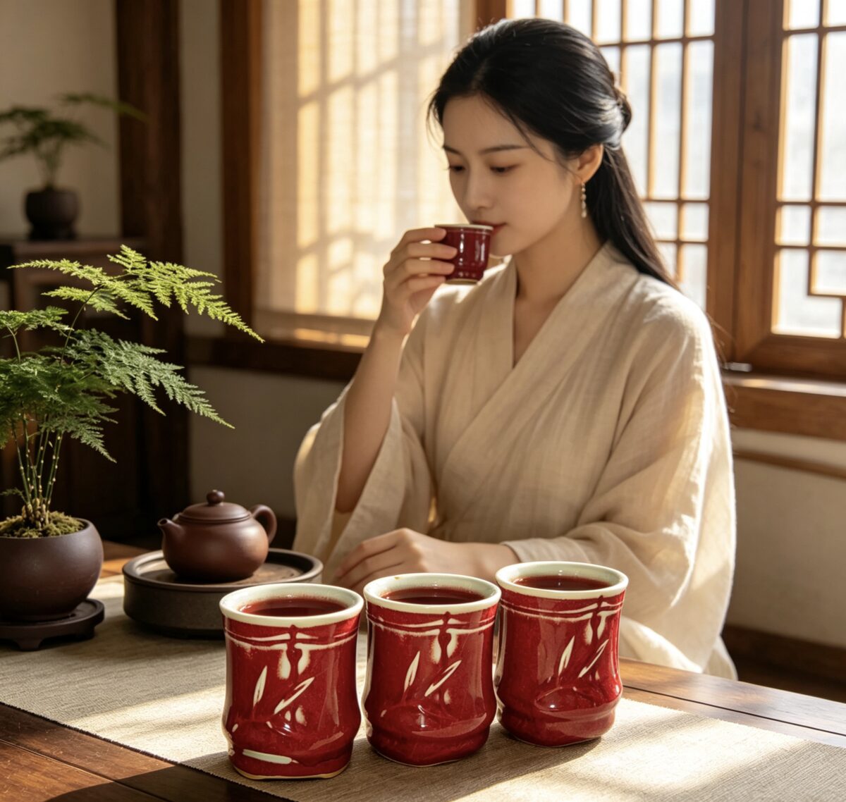 钧红原矿竹节品茗杯套装